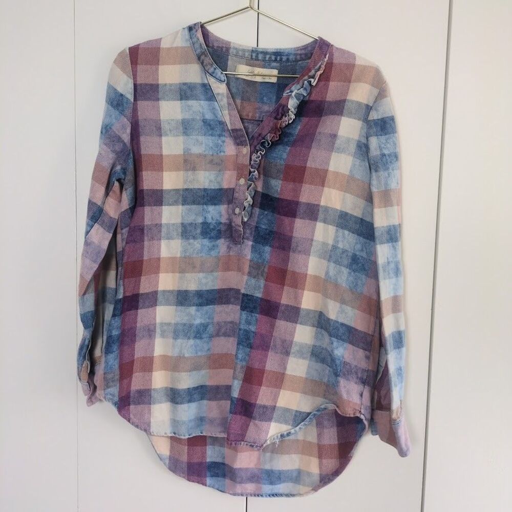 Isabella Sinclair Top Popover Blouse Plaid Women's Small Purple Blue Ruffle Long